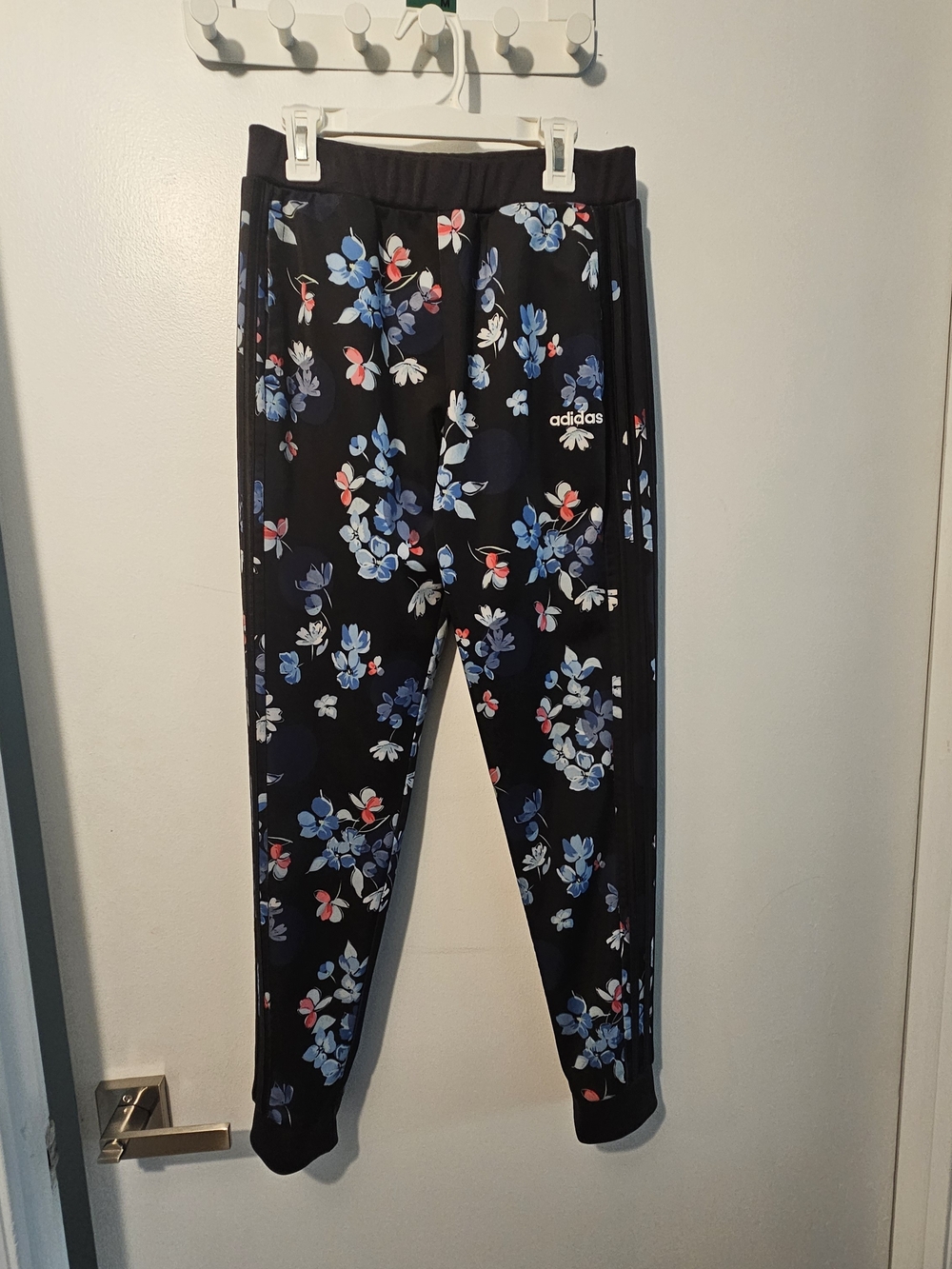 adidas Black Sweatpants with Blue and Pink Floral Print